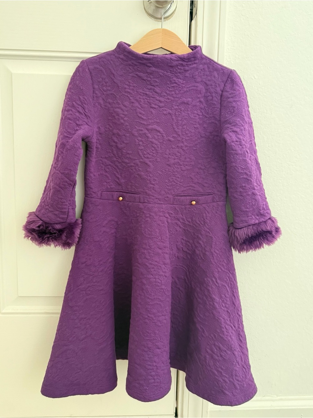 Girls' Purple Textured A-Line Dress with Faux Fur on Sleeves